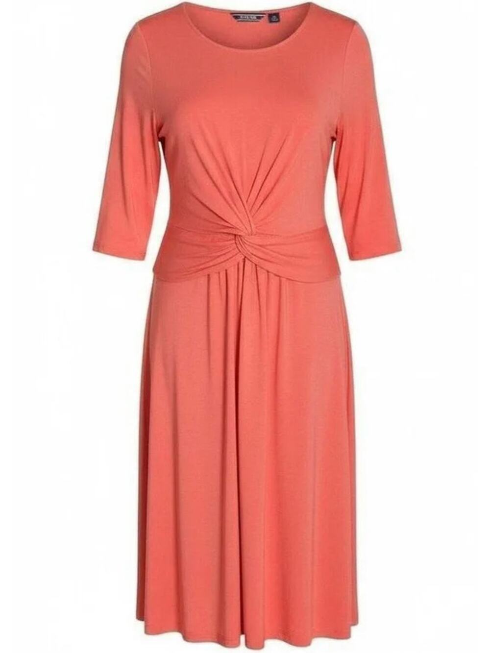LANDS END Women Plus 2X 20 22 Dress Midi Twist Knot Coral Pima Cotton 3/4 Sleeve
